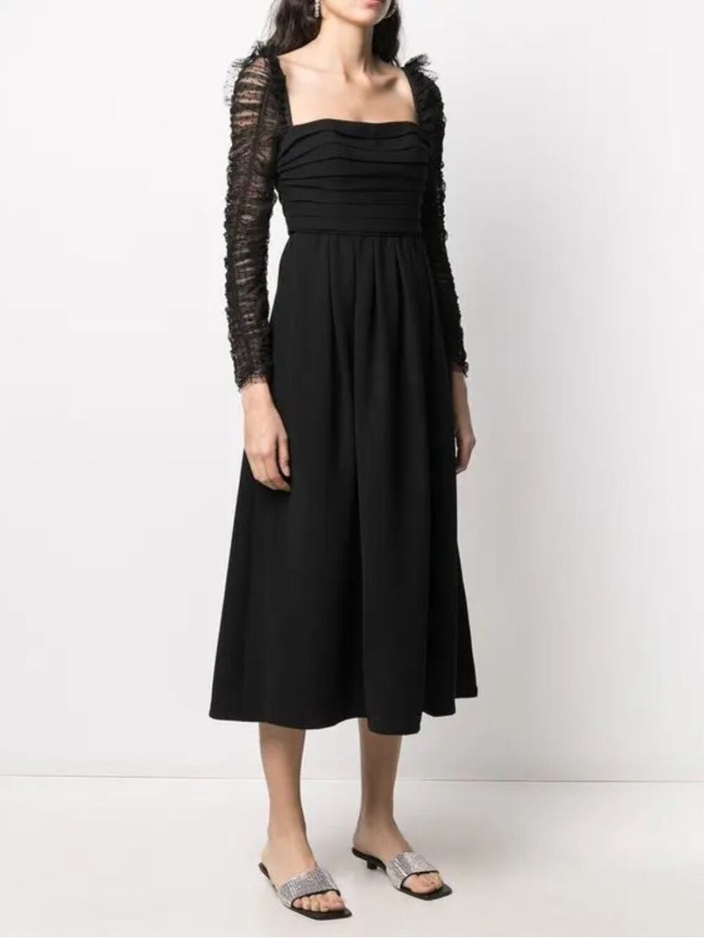 Self Portrait Polka Dot Mesh Sleeved Midi Dress Black sz 4